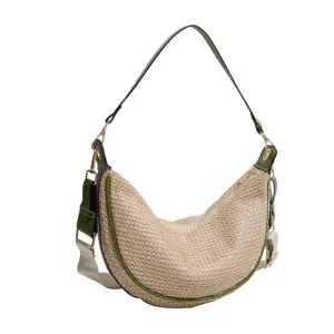 Sac porté épaule hobo en paille d'été sac bandoulière demi-lune tissé plage pour femmes