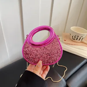 Women Crescent Acrylic Evening Bag Sparkly Sequins Mini Handbag Metallic Chain Shoulder Crossbody Bag Banquet Purse