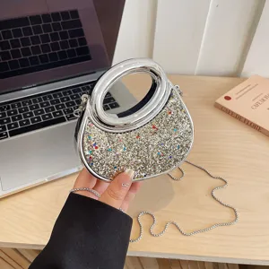 Women sparkly crescent shoulder bag acrylic evening purse silver handle mini handbag