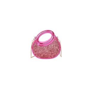 Pink Glitter Acrylic Crescent Evening Bag Women Stylish Mini Handbag Crossbody Bag