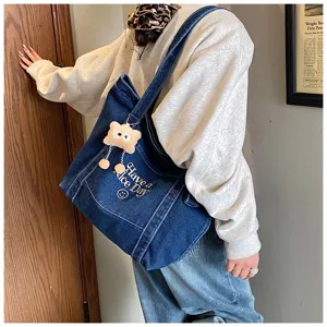 Koreaanse stijl letterprint denim shopper, grote casual schoudertas voor vrouwen.