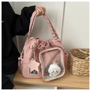 Borsa ita rosa con stelle, finestra trasparente e peluche, zaino con coulisse versatile.