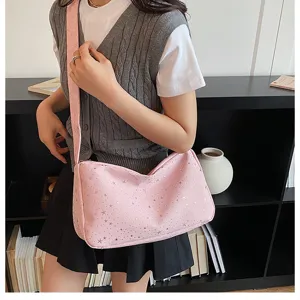 Roze sterrenprint canvas schoudertas, casual grote crossbody tas voor dagelijks gebruik.