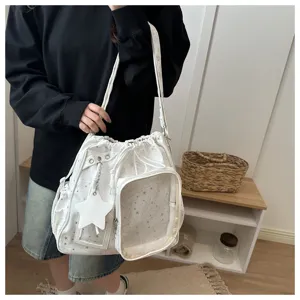 Borsa ita bianca con stampa stelle tasca frontale trasparente e coulisse zaino spalla.