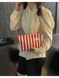 Sac pochette rayé rouge et blanc pour femme mode casual trousse de maquillage cosmétique
