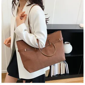Stylish brown large capacity shoulder tote bag for women, perfect for daily commuting and office.