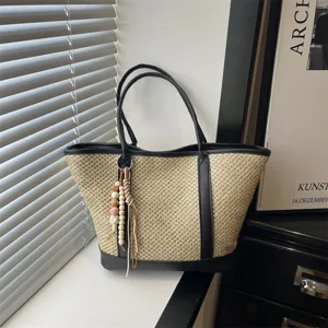 Stijlvolle dames stro geweven tote tas zomer casual schouder handtas met houten kraal.