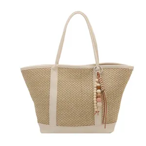 Dames Zomer Stro Geweven Shopper Casual Strand Schoudertas PU Lederen Afwerking Handtas