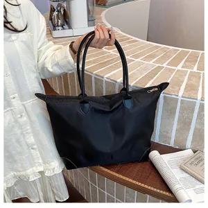Large black nylon travel tote bag lightweight casual handbag for women short trip gym storage
