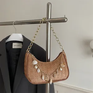 Straw Woven Shoulder Bag Summer Beach Hobo Bag Chain Strap Shell Charms Handbag