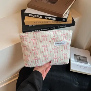 Sac Pochette en Toile Minimaliste Rayé Noeud Pochette de Maquillage Sac de Lavage Voyage Femmes Mode Décontracté Sac à Main