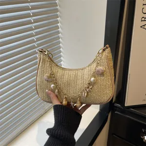 Woven straw underarm bag with shell pearl chain strap, trendy summer beach shoulder bag.