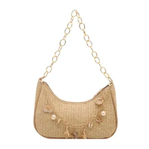 Woven straw shoulder bag with gold chain strap and cute shell charms for women beach daily