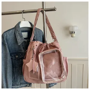 Borsa ita rosa con stampa stelle, zaino multifunzione con coulisse e finestra trasparente.
