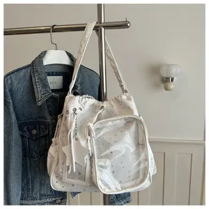 Zaino bianco con motivo di stelle, graziosa borsa a tracolla carina per uso quotidiano.