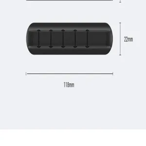 Detail view of black 5-slot silicone cable organizer showing dimensions 118mm by 22mm