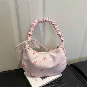 Borsa a Spalla da Donna in Stile Dolce Coreano con Fiocco Stampa a Pois Casual Plissettata Borsa a Mano alla Moda Giornaliera