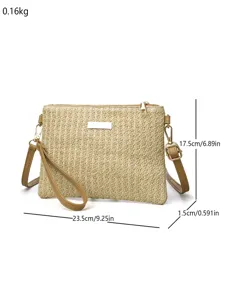 Detailed view of casual straw woven crossbody bag, summer beach style, compact size.