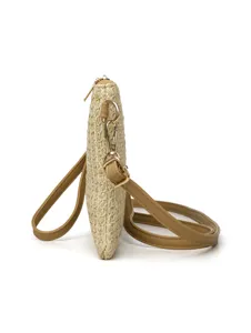 Summer women straw woven crossbody bag casual beach shoulder bag with PU leather strap detail