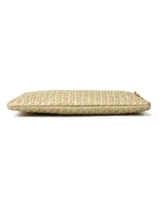 Straw woven bag detail view, casual summer beach clutch, crochet textured design.