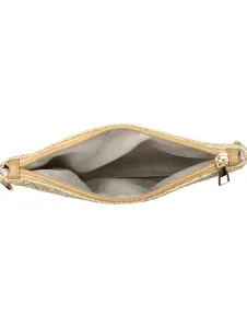 Close-up interior detail of the straw woven clutch showing zipper and patterned fabric lining.