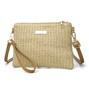 Straw woven crossbody bag summer beach vintage women handbag with detachable shoulder strap