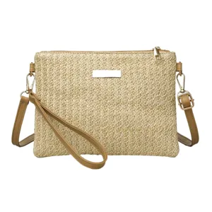 Women summer straw woven crossbody bag casual beach shoulder clutch purse with PU leather strap.