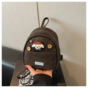 Mini sac à dos marron pour femme, jolie poupée chiot et boutons en bois, sac à dos de ville chic