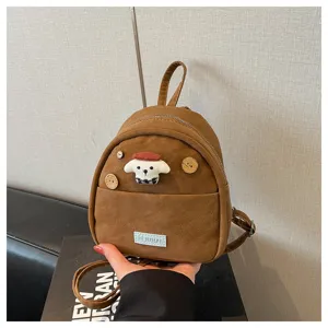 Petit sac à dos marron pour femme, écusson chien mignon et boutons, sac décontracté élégant.