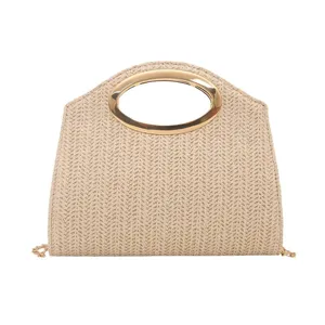 Borsa a mano in paglia intrecciata da donna con manico in metallo borsa minimalista