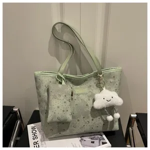 Light green tote shoulder bag with star moon pattern cute cloud pendant casual handbag for women