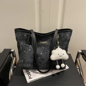 Black canvas tote bag with star moon pattern, matching pouch and cute cloud pendant for women.