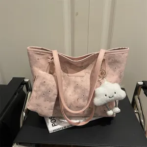 Pink tote shoulder bag with star moon print, matching pouch and cute cloud pendant.
