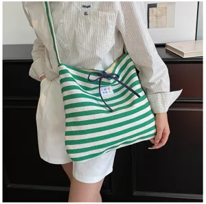 Casual striped canvas bag for women, large capacity shoulder tote and crossbody detail view.