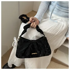 Black gathered underarm bag with scrunchie strap and pearl pendant, chic daily shoulder handbag.