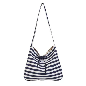 Blue and white striped canvas shoulder bag, casual large capacity tote bag for women daily use.
