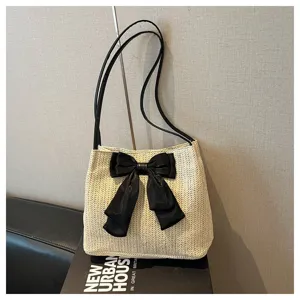 Niche design straw woven tote bag for women, large capacity casual bow shoulder bag stylish.