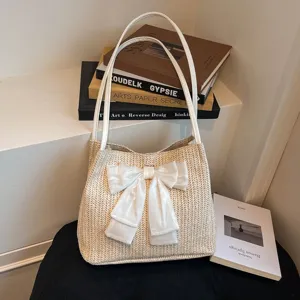 Handcrafted Straw Woven Tote Bag Elegant Large Capacity Casual Shoulder Bag With Big Bowknot Sweet Beach Vacation Bag For Women