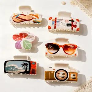 Summer Beach Style Hair Claw Acrylic Resin Shark Clip Printed Camera Suitcase TV Sunglasses Flip-flops Flower Hair Accessories For Women
