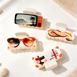 Summer style resin hair claw clips set with cute beach print design, perfect daily hair accessories.