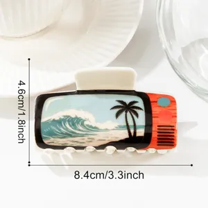 Summer beach palm tree wave retro TV hair claw clip detail, stylish daily accessory.