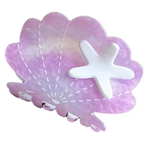 Ocean style gradient purple shell hair claw clip with white starfish for daily elegant styling.