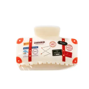 Cute vintage suitcase design hair claw clip, creative travel sticker printed resin hair catcher for women