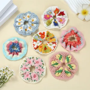 Stof Genaaide Bloem Scrunchie Katoen Gehaakte Haargummi Elastische Haarband Paardenstaart Houder Zoete Bloemen Haaraccessoires
