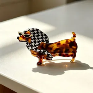 Cute dachshund hair claw clip, acetate material with houndstooth scarf and chic sunglasses.