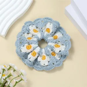 Handgemaakte gehaakte madelief haarscrunchie, schattige bloemen haarband voor paardenstaarten.