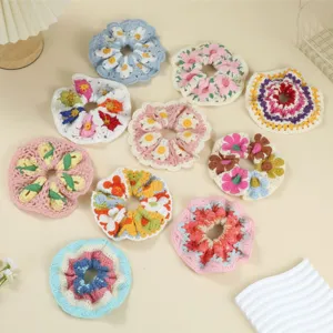 Handgemaakte gehaakte bloem haarscrunchies set, zoete landelijke stijl paardenstaart haarband.