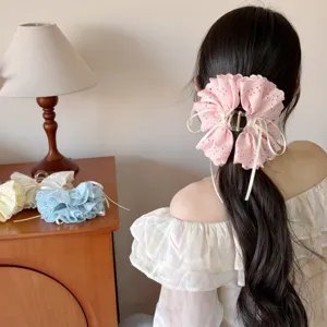 Sweet pink lace hair claw clip with ribbons, perfect for elegant daily hair styling and cute look.