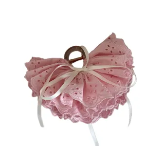 Pink lace hair claw clip with white ribbon bow, sweet style hair accessory for women.