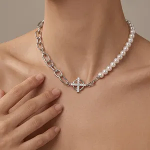 Chic half chain half pearl choker necklace for women with elegant cross pendant fashion jewelry.